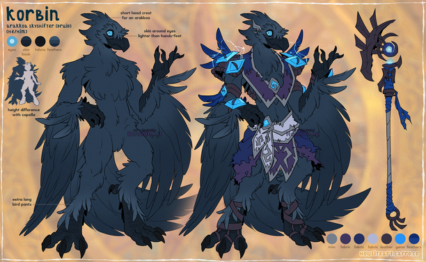 Refsheet for Korbin, a raven-colored arakkoa (anthro bird) with blue eyes. He is shown unclothed, and with the tattered purple/silver armor he wears, electric crystals on his shoulderpads. There is also a height comparison with his sylvar partner (he is a head taller), and an image of the spikey staff he wields.