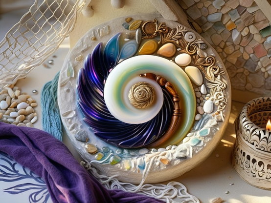 A handcrafted-look round assemblage-style object, featuring glass, shells, and polished stones arranged in a spiral pattern with blue, gold, and white tones, surrounded by coastal elements.