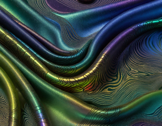 A close-up of an imaginary iridescent metallic fabric, falling in flowing folds, with blue, green, gold, and purple hues, featuring delicate wave patterns.