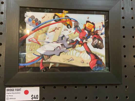 The TV robot from the Amine FLCL fighting on the bridge. Yellow scooter and traffic lights are flying around as debris.