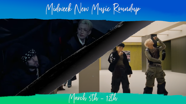 In a distressed frame (top and bottom bars only, blue to light green vertical gradient with a wide black swipe running from bottom left to top right), two screenshots. To the left, two young men driving in a convertible with the top down - Palestinian-American rapper Odetari (bottom) in dark studded beanie and dark puffer coat and Korean rapper Kim Hongjoong (ATEEZ) (top) in a black bomber jacket and white collared shirt with thin black tie. To the right, two young Korean men in an art gallery - Woozi (left, short black hair) in a black jacket, dark olive tank, and black cargo pants, holding his right hand up to his lips in a shushing gesture, and Hoshi (right, short blond hair) in an olive long-sleeve tee and cargo pants, right arm wrapped around his waist and left hand pointing up at the ceiling. Header text reads Midweek New Music Roundup, bottom text reads March 5th - 12th, both in a script-like font.
