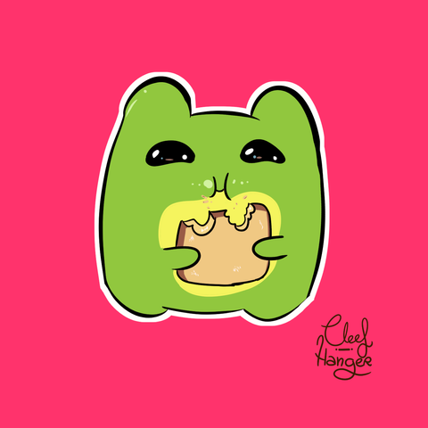Froggelio eating happily a slice of bread.
Froggelio comiendo una rebanada de pan de molde to feli