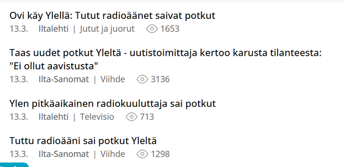 Kuvakaappaus Amppareiden otsikkolistasta. Lukee: 


Ovi käy Ylellä: Tutut radioäänet saivat potkut
13.3.
Iltalehti
Jutut ja juorut
1653

Taas uudet potkut Yleltä - uutistoimittaja kertoo karusta tilanteesta: "Ei ollut aavistusta"
13.3.
Ilta-Sanomat
Viihde
3136

Ylen pitkäaikainen radiokuuluttaja sai potkut
13.3.
Iltalehti
Televisio
714

Tuttu radioääni sai potkut Yleltä
13.3.
Ilta-Sanomat
Viihde
1298