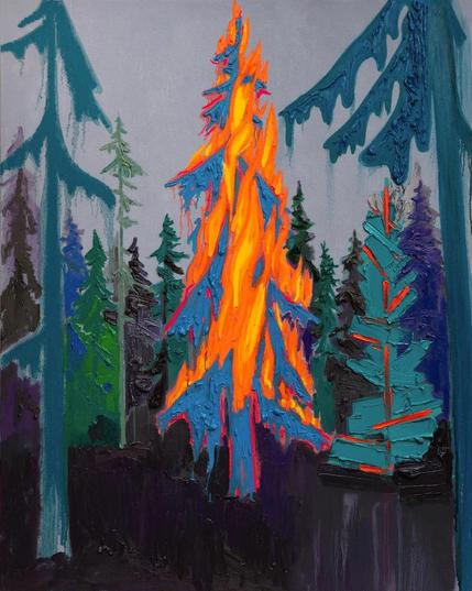 in a thickly painted or scraped on style, a pine forest in strange colors.  a tree in the center is clearly on fire.  The sky is gray and the ground is black