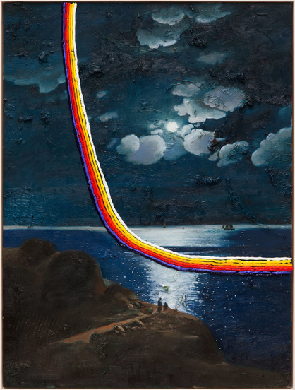 two figures are on a cliff overlooking a bay, presumably on the ocean.  There is a bright moon lighting up some clouds and reflected in the water.  there is a distant sailboat.  right through the middle of this scene is a rainbow-like band of color but it is in the opposite orientation as a rainbow; it forms a curve like a letter L