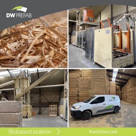 ad picture showing straw bales and machinery inside a wood frame home prefabrication hall
