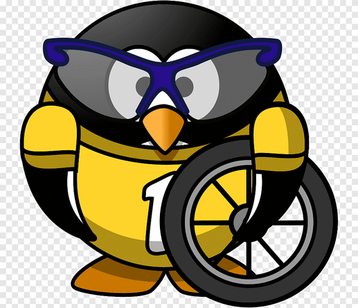 Personnage Tux emblématique de la mascotte Linux en dessin de forme ronde. Ici habillé en cycliste avec des lunettes de sport bleues et un maillot jaune, il tient une roue de vélo sous son aile.