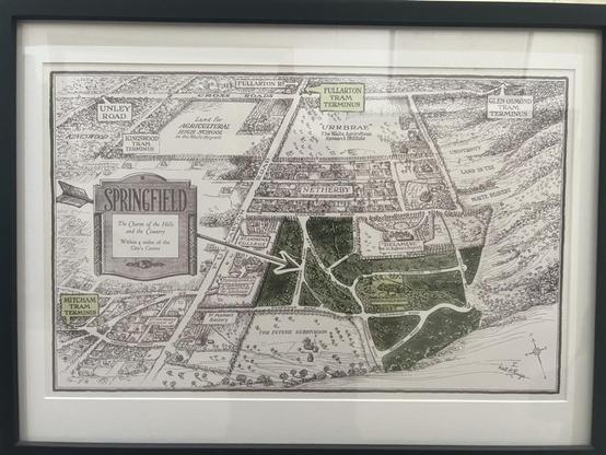 A promptional illustration, guessed to be from the early 1900's, shows a promotional hand drawn map of the property and suburbs around Springfield, South Australia. The map includes dialog boxes that point out local tram spots. Unley Road shown in top left corner. The land around Springfield house is coloured in green, the rest of the illustration is black ink on white paper. Would have been a large promotion poster to sell land in the area.