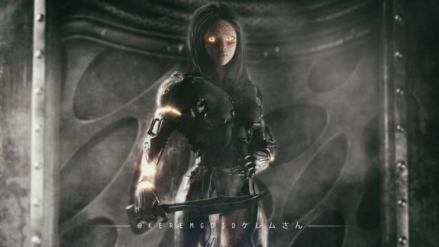 digital illustration of a female cyborg inspired by Battle Angel Alita