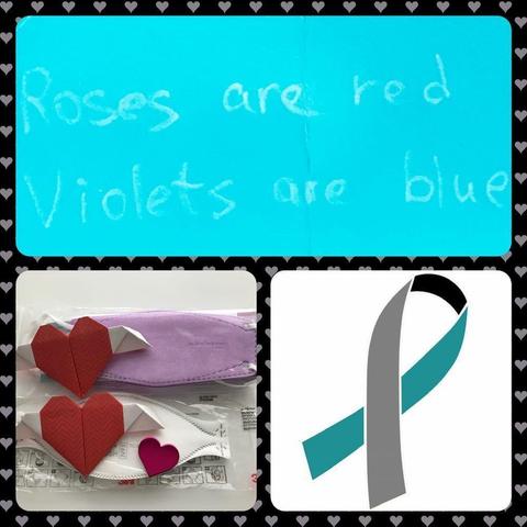 A photo collage which has a handwritten Roses are red Violets are blue poem in the top frame. In the bottom right frame is the Long Covid ribbon graphic. In the bottom left frame, at the top is a red origami heart with wings on top of a pack of lavender KN95 face masks while another red origami heart with wings and a heart sticker are on top of an individually wrapped white N95 respirator at the bottom.