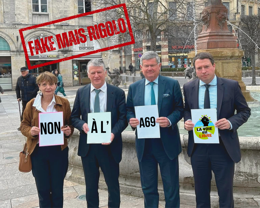 Photomontage des parlementaires dépositaires d'une loi de validation permettant l'achèvement des travaux de l'A69 à qui je fais brandir des affiches anti-autoroute. 🤡