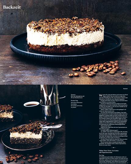 Fotocollage mit zwei Fotos. Oben die Mohn-Espresso-Torte »La Luna«. Unten ein Stück davon. In der Mitte der Torte eine weiße Crèmeschicht.
