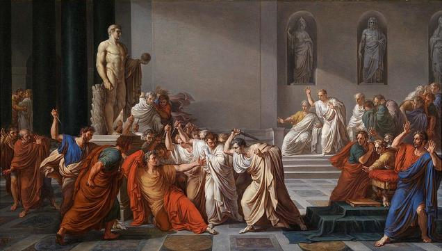 Tableau académique montrant Jules César, vêtu de rouge, tombé à terre et tendant une main pour se défendre d'un groupe de sénateurs en toges blanches qui brandissent des épées pour l'assassiner, pendant que le reste de l'assistance s'écarte, saisie d'horreur. César se trouve juste au pied d'une statue représentant Pompée.