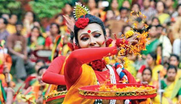 Women dancing and celebrating Bosonto Utsav (Festival of Colour).