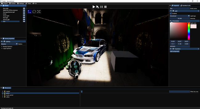 View of the editor of the author's custom engine.
The camera is placed inside the Sponza atrium, with a cube, a car and a helmet on the ground.

The scene is illuminated from the top, with light bouncing off objects to indirectly illuminate the scene.