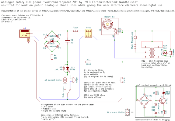 Schematics of a rotary dial telephone "Vorzimmerapparat 38" by "VEB Fernmeldetechnik Nordhausen", modified for public phone line use and giving the user interface elements meaningful uses.