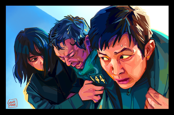 A screenshot redraw of a scene from Squid Game season 2. The piece is a close-up of Gi-hun helping player 444 up during Red Light Green Light. 444 has his arm around Gi-hun's shoulders with a pained expression on his face. The two are frozen in place, Gi-hun looking from the corner of his eye to see Hyun-ju appearing to support 444 from the other side. Her face is obscured by hair except for one eye, and she has one hand firmly on 444's chest. The image has blocky shading and saturated colours.