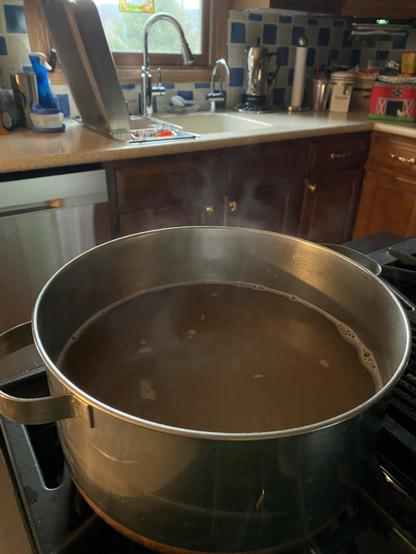 Color image of the final evaporating boil-off in making maple syrup. Image shows sap in a large stock pot on a range, evaporating the water to boil down to the final maple syrup product.