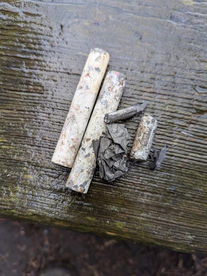 Das Bild zeigt drei vertikale, zylindrische Objekte, die auf einem nassen, grünen Holzstück liegen. Die Objekte sind weiß und scheinen aus Metall zu bestehen, mit sichtbaren Flecken und Roststellen, was auf Alter oder Verwendung hinweist. Zwischen den Objekten befindet sich ein kleiner, verkohlter, grauer Klumpen, der an Asche oder verkohltes Material erinnert. Das Holzstück, auf dem die Objekte liegen, ist feucht und zeigt Spuren von Wasser oder Nässe, was auf eine natürliche Umgebung oder einen Regen hinweisen könnte. Die Oberfläche des Holzes ist rau und zeigt die natürlichen Linien und Strukturen des Holzes.