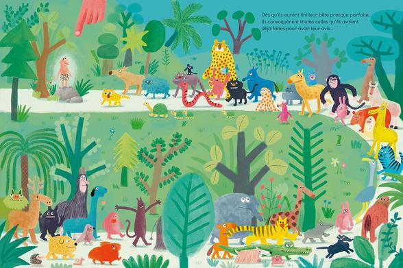 Illustration couleur d’une double-page du livre. Cheminement des animaux jusqu’à la « drôle de bête »