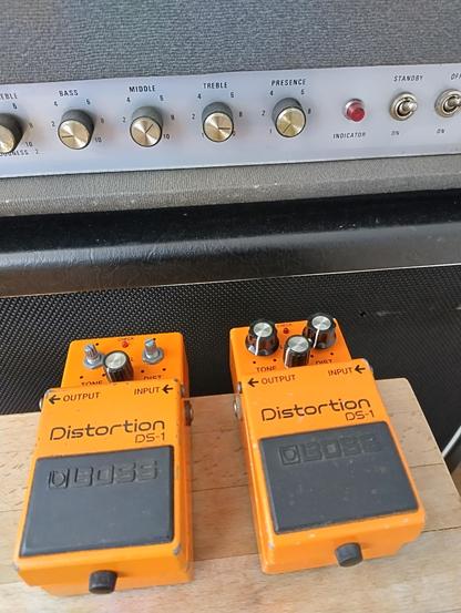 Photo of two Boss DS-1 distortion pedals in front of an amp head.