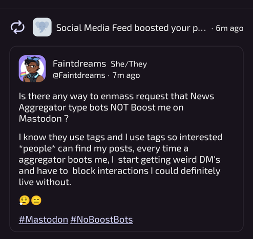 Screenshot of my mastodon post asking how to stop News Aggregator Bots boosting my posts.. being immediately boosted by a News Aggregator Bot