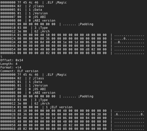 A screenshot of an ELF file opened in my command-line hex viewer tool. The output shows multiple lines with file offset, hex data, decoding, and a comment for the known values.
Below that, I interactively entered the offset, length, format and comment for a known value in the file. As a result, the next print-out additionally annotates this known value.