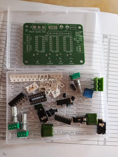 the parts box for the VCO. it is the first StackSynth board with SMD components. two resistor values are still missing.