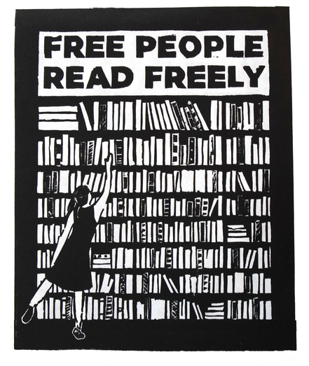 A scan of a linocut print, which has the text “Free people read freely” in block capitals above a person in a dress reaching to take a book from a large bookshelf