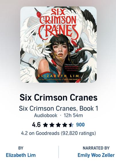 Cover photo of Six Crimson Cranes by Elizabeth Lim, narrated by Emily Woo Zeller!