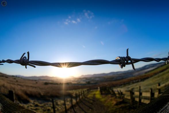 Fisheye shot of Barbed Wire along top of gate with fields and fences beyond, bright sun and blue skies above