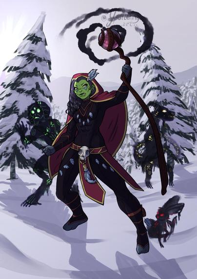 Drawing of a female orc caster who summons shadow demons with her magic staff. The background is a snowy forest.