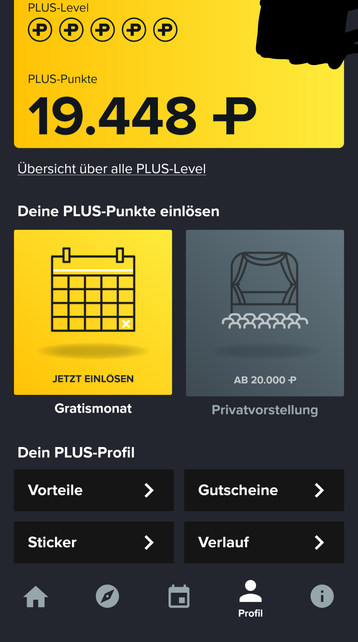 Punkte Anzahl der Cineplex Kino Kundenkarte. 19448 Punkte werden angezeigt.