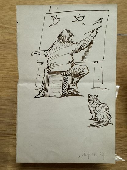 sketch in a small piece of paper, self-portrait of the artist sitting on a box stool with back turned to viewer, painting birds on a canvas while a sitting cat watches to the right; dated in pencil on bottom right