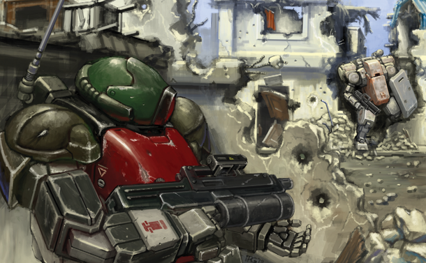 In the foreground, Captain Estar’s mobile frame crouches behind a crumbling wall while, across the street, another movie frame inches out of cover, apparently unaware that they’re being watched.

Illustration by Richmont Gan