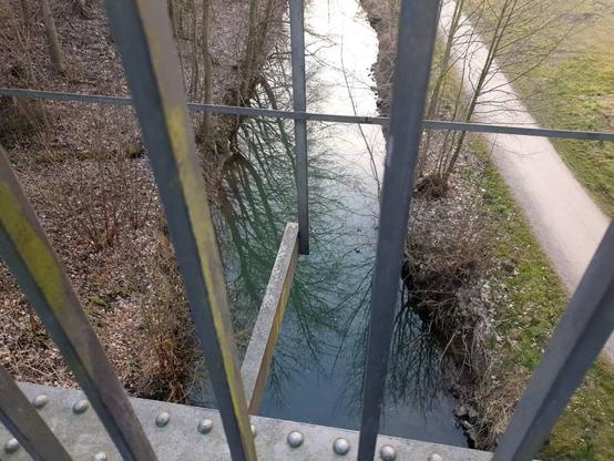 Blick durch Metallgeländer auf Bach. Bach ist breit, ruhig, grünlich, laublose Bäume spiegeln sich. Rechts neben dem Wasser ein breiter Fußweg. Laublose Sträucher über von braun-grauem Laub bedecktem Boden.
