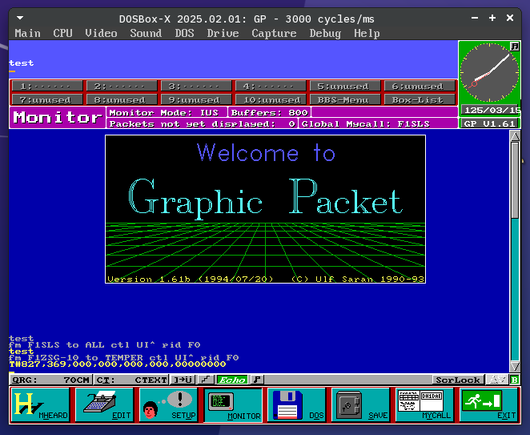 A screen capture of the "Graphic Packet" MS-DOS software for packet radio by Ulf Saran in DosBox-X window.
In the monitor window we can see a "test" UI frame from F1SLS (me) and an APRS telemetry frame from F1ZSG, the local APRS repeater.