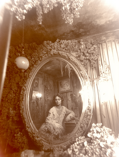 Échos du Passé.
Photographie ancienne et énigmatique d'une femme assise dans un miroir orné, figée dans un décor décadent et hanté.
Ancient and enigmatic photograph of a woman seated within an ornate mirror, frozen in a decayed and haunted setting.
