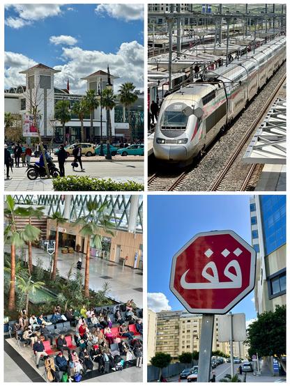 Oben links: Außenansicht des Bahnhofes von Tanger mit seinen charakteristischen beiden Türmen; oben rechts: ein Schnellzug am Bahnsteig, es handelt sich um Züge, die dem doppelstöckigen THV ähnlich sind; unten links: Blick von oben auf den Wartebereich im Bahnhof, vorn sieht man viele Sitzbänke, dahinter Palmen; unten rechts: ein Stoppschild mit arabischen Schriftzeichen
