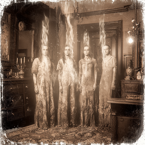 Les Hantées.
Photographie ancienne et troublante de quatre figures féminines spectrales, leurs âmes semblant s'élever dans des flammes éthérées.
Ancient and unsettling photograph of four spectral female figures, their souls appearing to rise in ethereal flames.