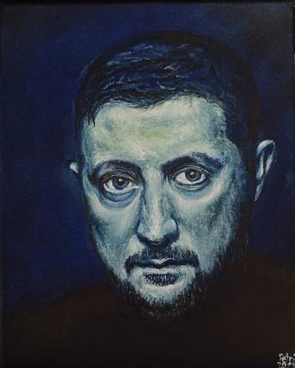 An oil painting of Volodymyr Zelenskyy. Dark background. Black / dark blue / white / yellow