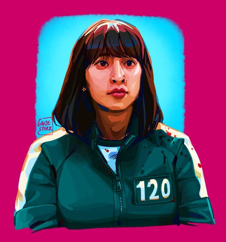 A portrait of Hyun-ju (player 120) looking to the upper right. The image has saturated colours and blocky shading