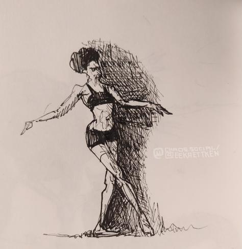 Black Fineliner on paper

Sketch of a person with dark afro hair in dark underwear in front of a shadowy area on the right. Standing, putting one toe in front, arms lifted to their sides.