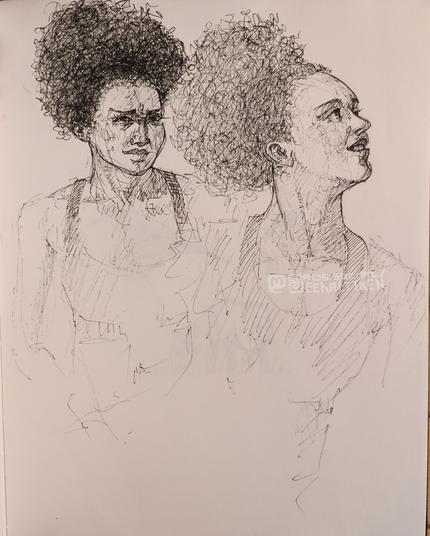 Black Fineliner on paper

Two portrait sketches of a person with afro hair, one looking skeptically in front view, one looking up with a slight smile in profile view