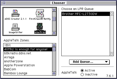Chooser with InterPrint selected, showing my Brother MFC-L2730DW configured