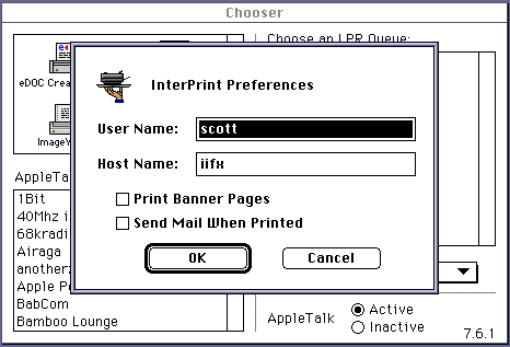 InterPrint preferences window where I've filled in my username/hostname (which can be anything)