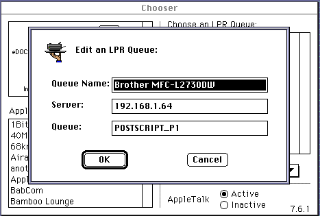 InterPrint add/edit queue dialog where you specify the name you want to give the printer in the chooser, the IP of the printer, and the queue name on the printer.