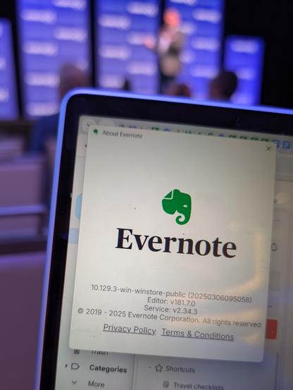 The about box of Evernote's Windows app as seen on the screen of my laptop at the HumanX AI conference in Las Vegas on March 12, 2025.