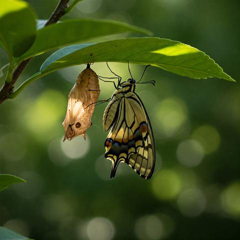 ①«Generated by Gemini-imagen3»
A swallowtail butterfly, half emerged from its earth-toned chrysalis, its body partially visible with tiny, rumpled wings hinting at vibrant yellow and black patterns, pauses in the midst of metamorphosis. Warm sunlight streams diagonally, gently illuminating the delicate form of the butterfly against the underside of a realistically shaped evergreen orange tree leaf. The background is a soft blur of a lush, green broadleaf forest, bathed in dappled light that filters through the trees, creating a tranquil atmosphere. The image is captured with a macro lens, revealing the intricate details of the butterfly's emerging wings and the textures of the leaf and the surrounding foliage. The lighting is soft and natural, emphasizing the fragility of the moment and the beauty of the transformation.
#本日の成果物