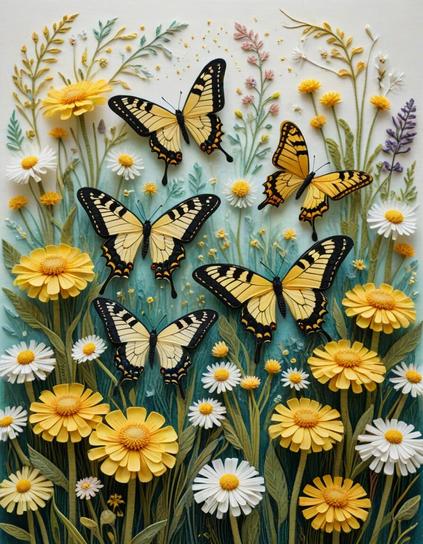 ②«#aiart #genart by nightcafestudio»
(Felt Art: Swallowtail butterflies fluttering in a spring field), a felt art piece featuring five stylized swallowtail butterflies. Dandelions grow in the field, crowded with yellow flowers and white fluff.